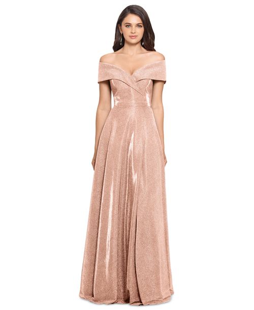 Petite Off-the-Shoulder Glitter Gown - Blush Pink/Silver