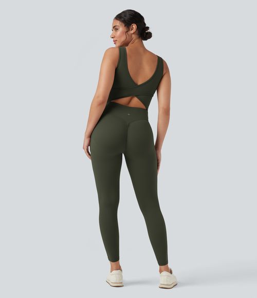 UltraSculpt™ V Neck Tummy Control Butt Lifting Workout Jumpsuit with Pockets Workout Dress - Deep Woodland Green