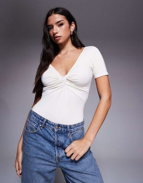 Jersey twist front bodysuit in white