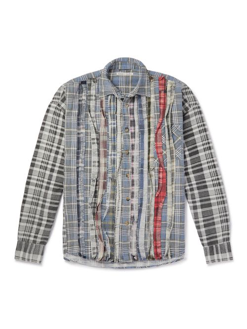 Patchwork Distressed Checked Cotton-Flannel Shirt - Men - Blue