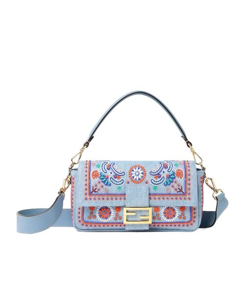 Baguette Light blue denim bag with multicolor embroidery