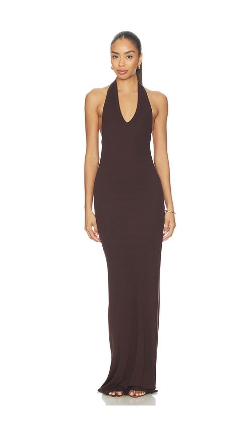 Enza Costa Silk Rib U-neck Halter Fluid Maxi Dress in Chocolate. XS. Also in S, M