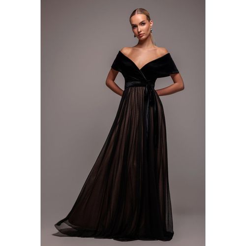 Goddiva Velvet Bardot Dobby Mesh A Line Maxi Dress - Black