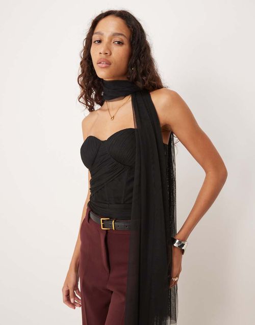 Scarf neck tulle corset bodysuit in black