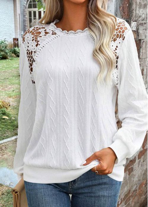 Modlily White Lace Long Sleeve Round Neck Sweatshirt