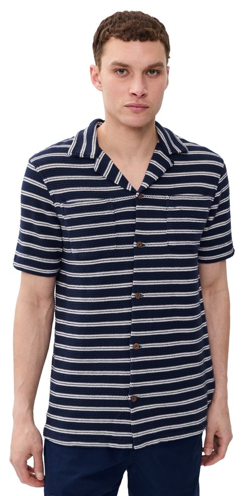 Short Sleeve Stripe Knit Collared Shirt Newport Navy/Pale Cream