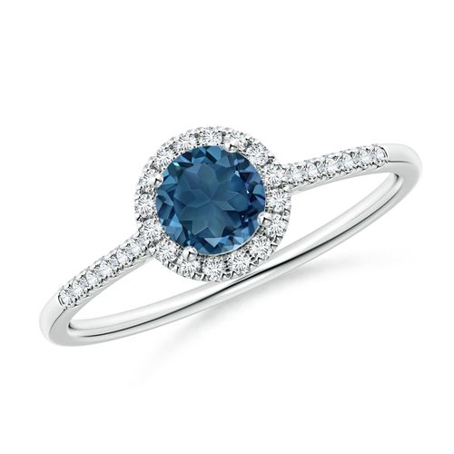 Angara 0.6 Carat Round London Blue Topaz Halo Ring with Diamond Accents in Platinum