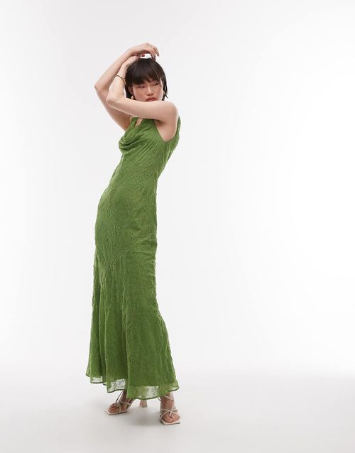 Premium double layered cowl slip dress with beading and eyelet in green