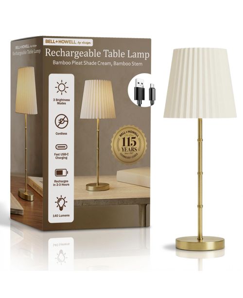 Bamboo Stem Pleat Shade Rechargeable Touch Control Led Dimmable Cordless Table Lamp - Cream