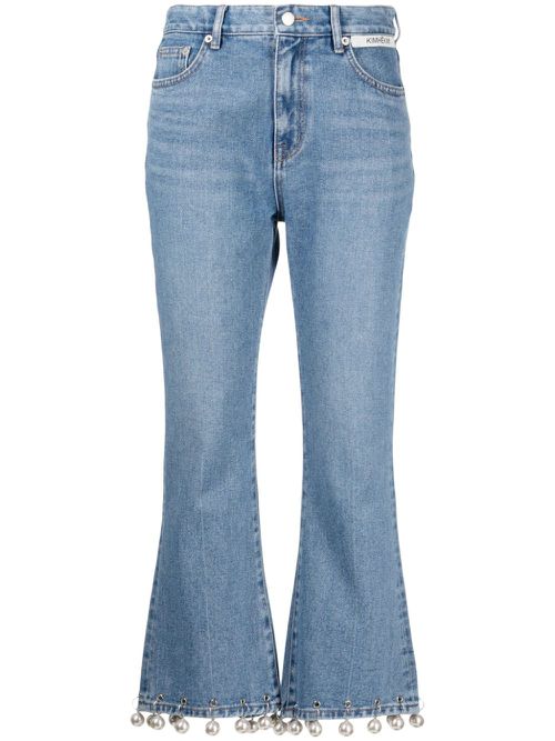 Faux-pearl embellished mid-rise cropped jeans - Blue