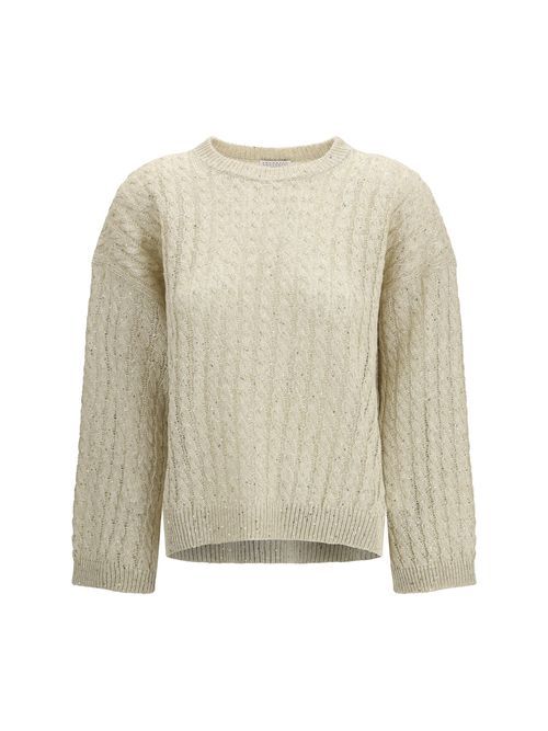 Cable Linen with Openwork Ribbing Sweater — Beige