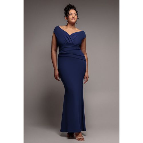 Goddiva Plus Bardot Pleated Maxi Dress - Navy Blue