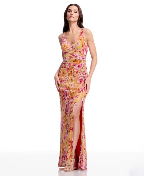 Women's Floral Print Ruched Mermaid Gown - Golden Haze Multi