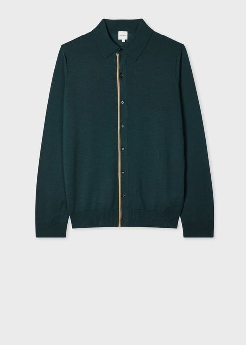 Dark Green Washable Wool Collared Cardigan