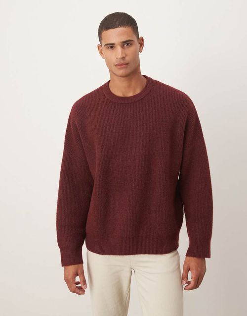Super oversized boxy fit knitted fisherman rib jumper in burgundy-Red