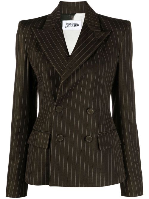 Pinstriped double-breasted wool blend blazer - Brown