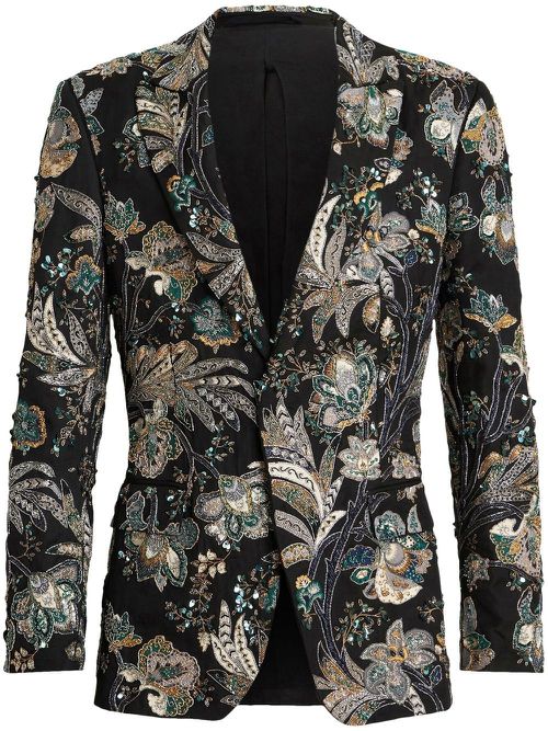 Floral-jacquard single-breasted blazer - Black
