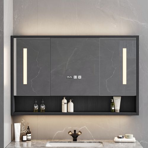 39" Black LED Medicine Cabinet with Adjustable Lighting, Demister & Digital Clock
