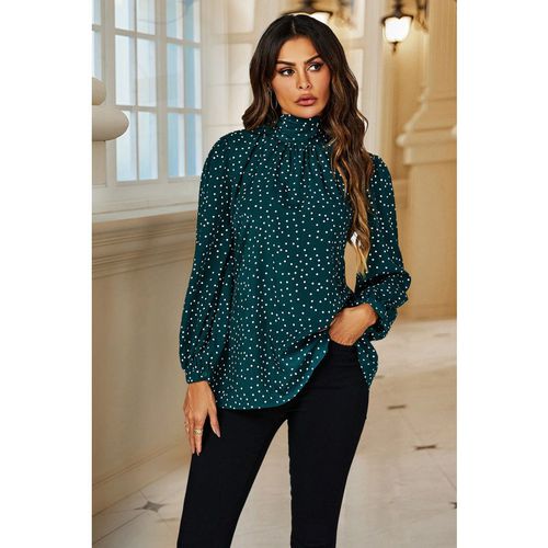 Polka Dot Print Long Sleeve Back Tie Blouse Top In Green