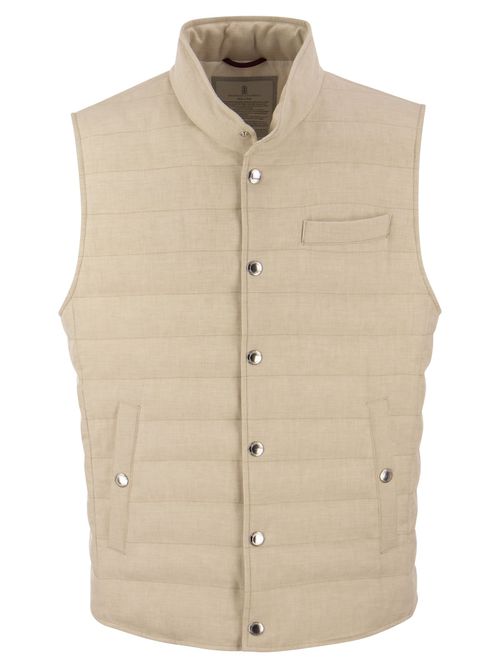 Lightweight Sleeveless Down Jacket In Linen And Wool Canvas