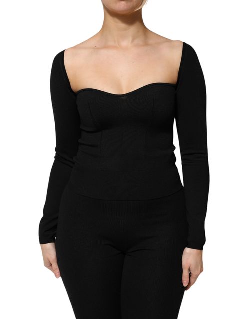 Sweetheart-Neckline Long Sleeve Blouse — Black