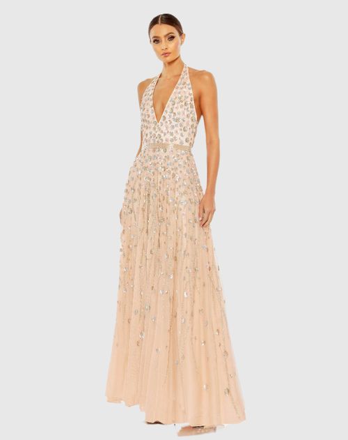 Light Pink Floral Embellished Halter Strap A Line Maxi Gown In Light Pink