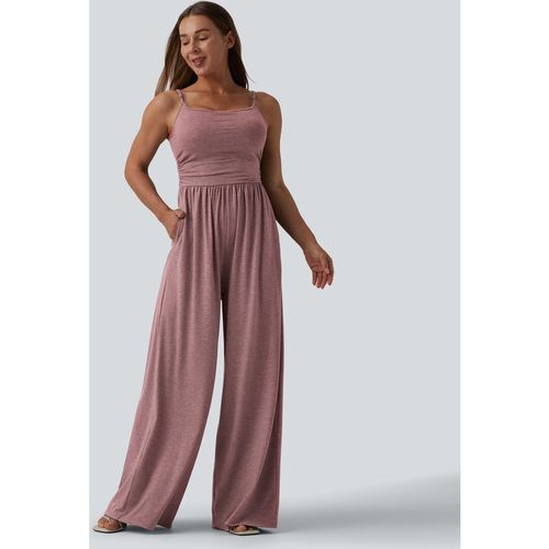 Halara Adjustable Straps Ruched Wide Leg Heathered Casual Jumpsuit with Pockets-Easy Peezy - Dusk Rose Plum - XLpetite