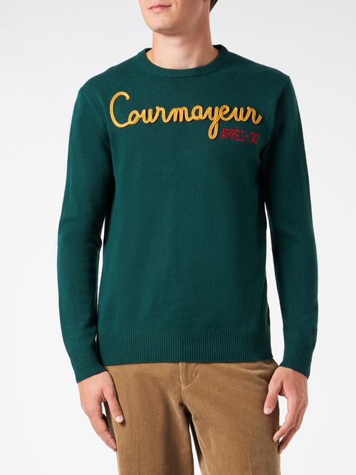Man Crewneck Sweater With Courmayeur Après Ski Embroidery Green - Men
