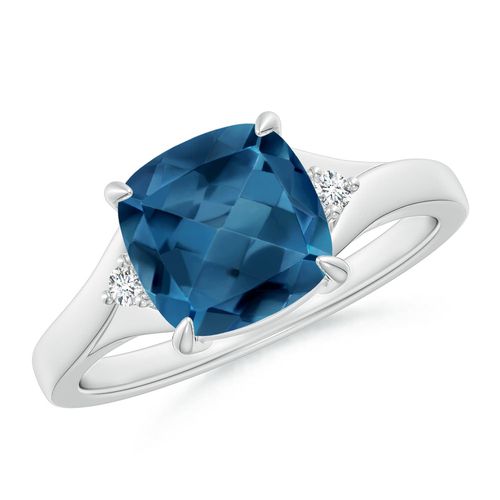 Angara 2.5 Carats Split Shank Cushion London Blue Topaz Solitaire Ring in Platinum