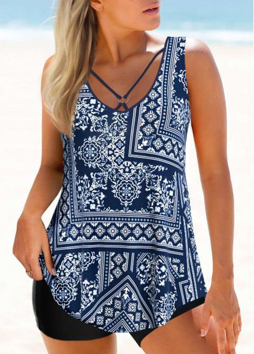 Modlily Metal Ring Patchwork Navy Tankini Top