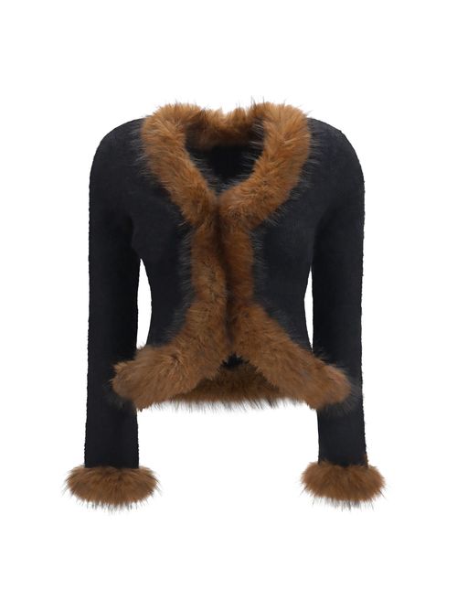 Faux Fur Trim Knit Cardigan — Black