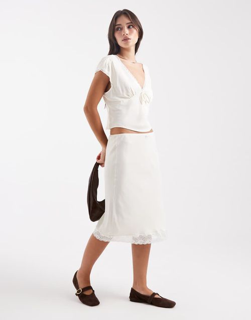 Lace trim satin co-ord midi skirt in ivory-White
