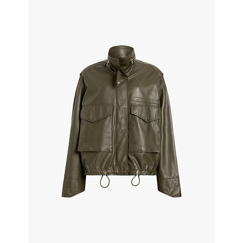 Womens Khaki Green Clay Funnel-neck Relaxed-fit Leather Jacket S