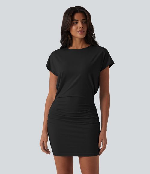 Round Neck Short Sleeve Bodycon Longer Mini Length Casual Dress Casual Dress - Black
