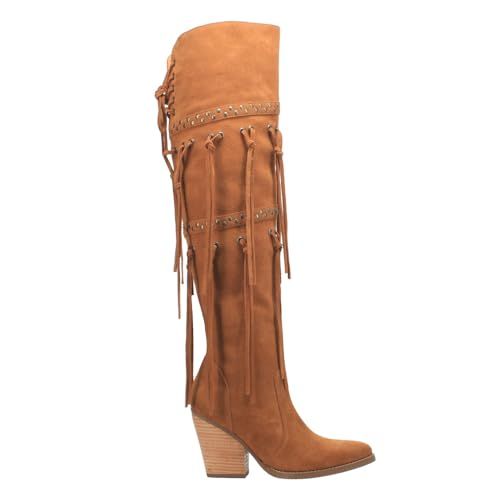 Dingo Womens Witchy Woman Fringe Studded Pointed Toe Pull On Casual Boots Over the Knee High Heel 3" & Up - Brown