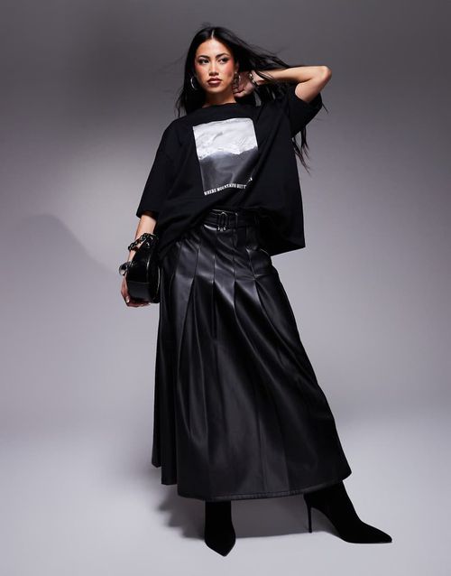 Faux leather pleated midi skirt in black