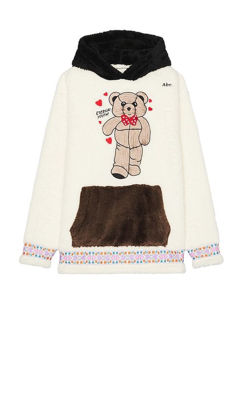 Advisory Board Crystals Bear Patch Boa Fleece Pullover Hoodie in Ecru - White. S also in XL/1X