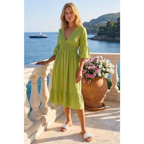 Roman Womens Linen Look Shirred Midi Dress - Lime Green