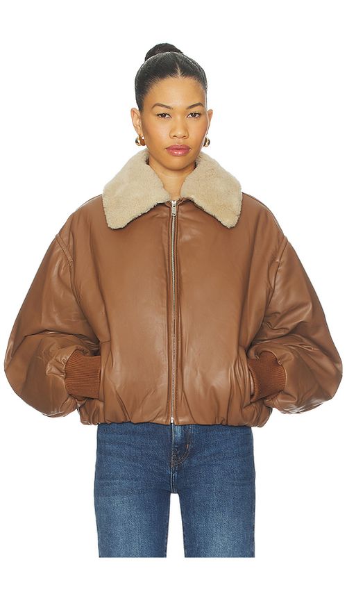 AEXAE Leather Bomber Jacket in Brown. - S also in