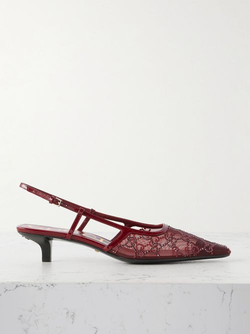 Demi Patent Leather-trimmed Crystal-embellished Mesh Slingback Pumps - Burgundy