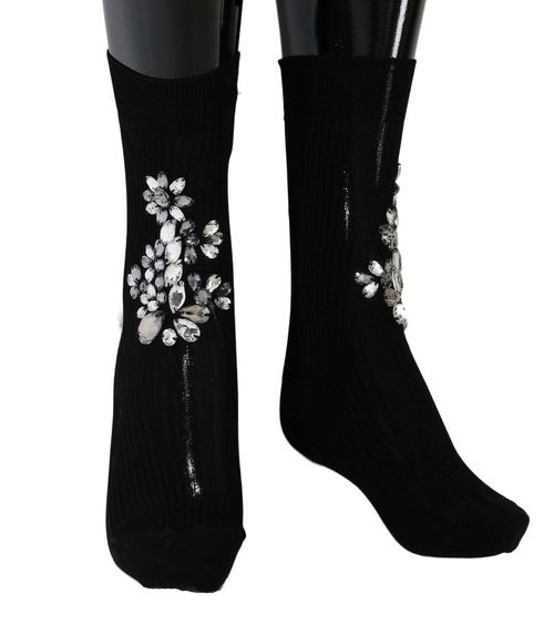 Floral Crystal-Embellished Socks — Black