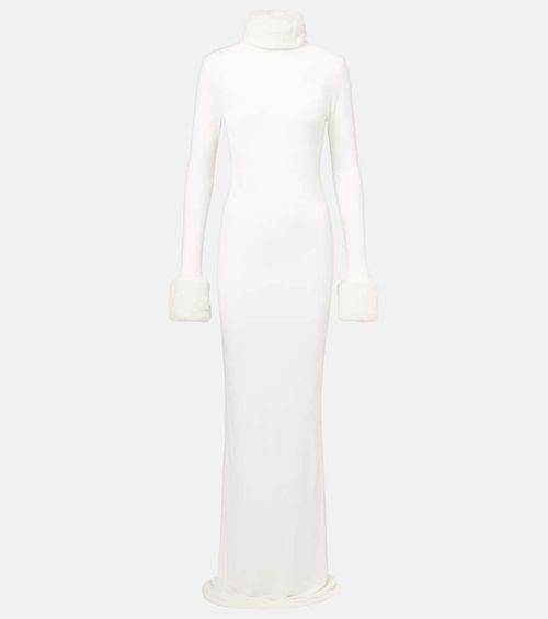 Priscilla faux fur-trimmed satin gown