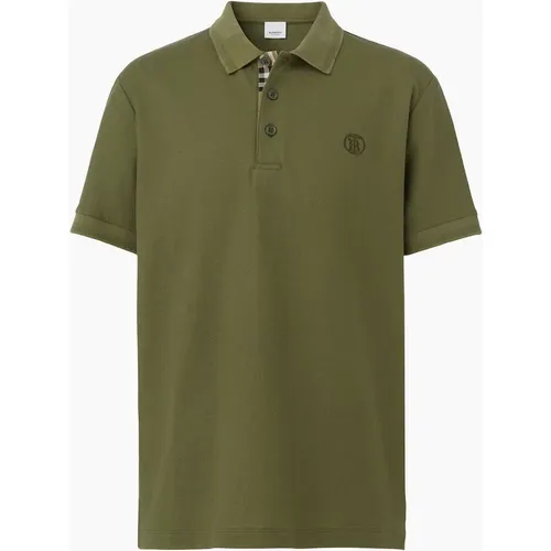 Men's Burberry Monogram Polo Shirt Olive Green - Tan