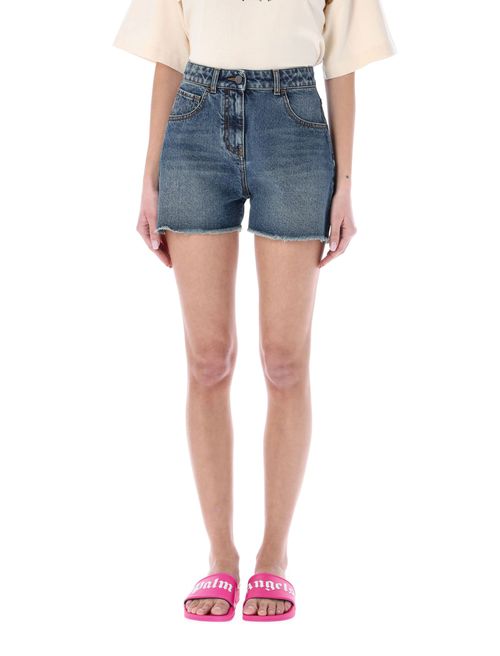 Palm tree-embroidered frayed denim shorts