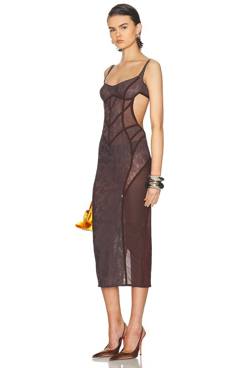 THE ATTICO Midi Lace Dress in Brown - Brown. 36 also , 40