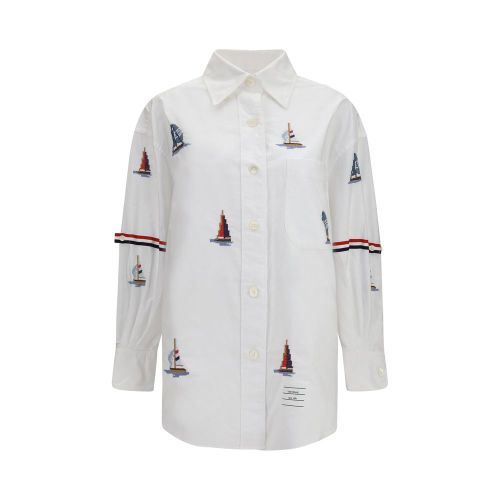 Sailboat-Embroidered Cotton Shirt — White