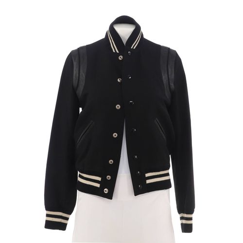Women's Classic Teddy Bomber Jacket Wool Blend with Leather