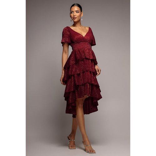 Goddiva Crinkle Lurex High Low Layered Midi Dress - Wine