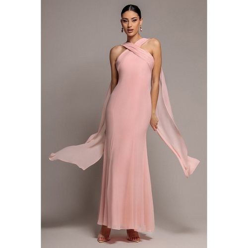 Goddiva Cross Front Scarf Back Chiffon Mermaid Maxi Dress - Blush Pink