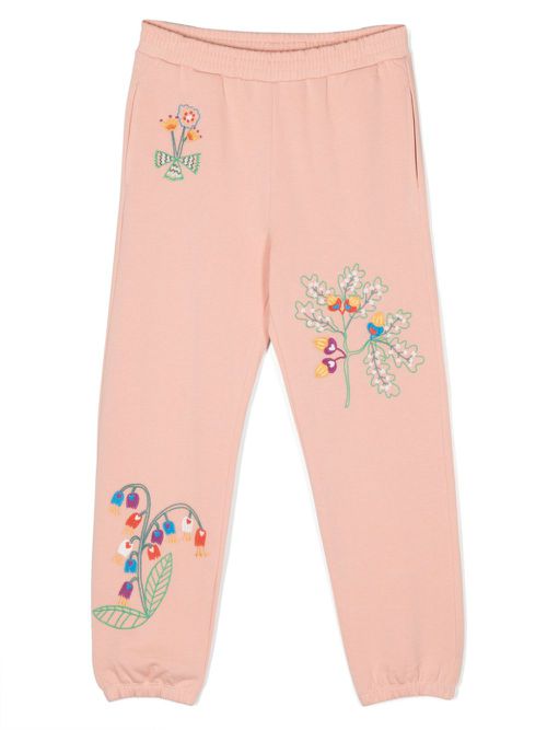 Floral-embroidered cotton track pants - Pink